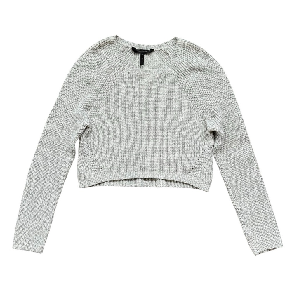 BCBGMaxAzria Gray Cropped Knit Long Sleeve Scoop Neck Sweater Size M